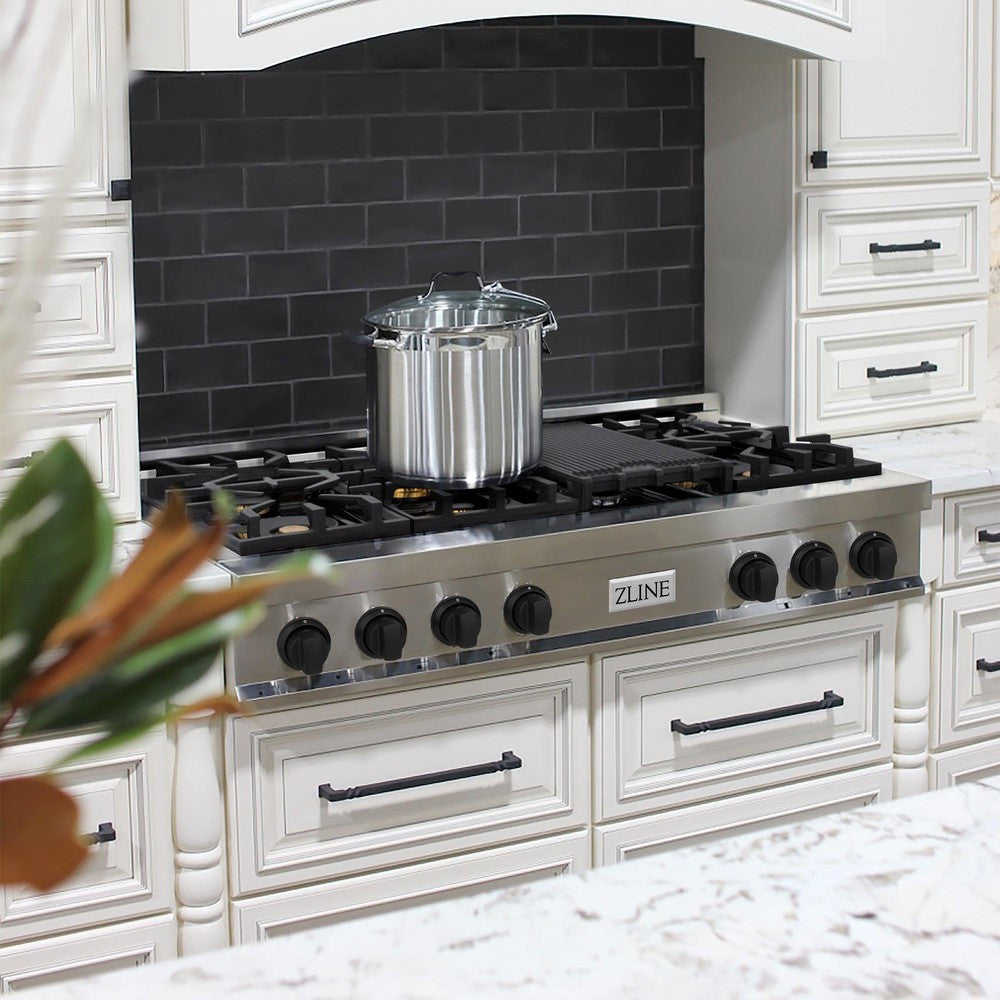 ZLINE Autograph Edition 48 in. Porcelain Rangetop with 7 Gas Burners in Stainless Steel with Matte Black Accents (RTZ-48-MB) in a luxury kitchen