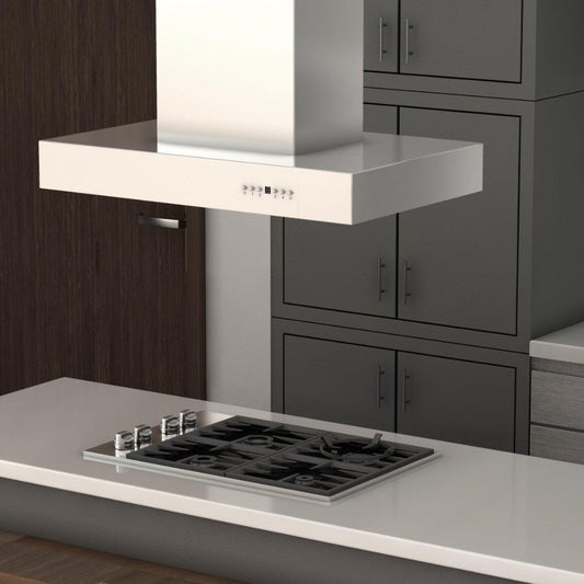 ZLINE Ducted Professional Island Mount Range Hood in Stainless Steel (KECOMi) rendering in a luxury kitchen close up.