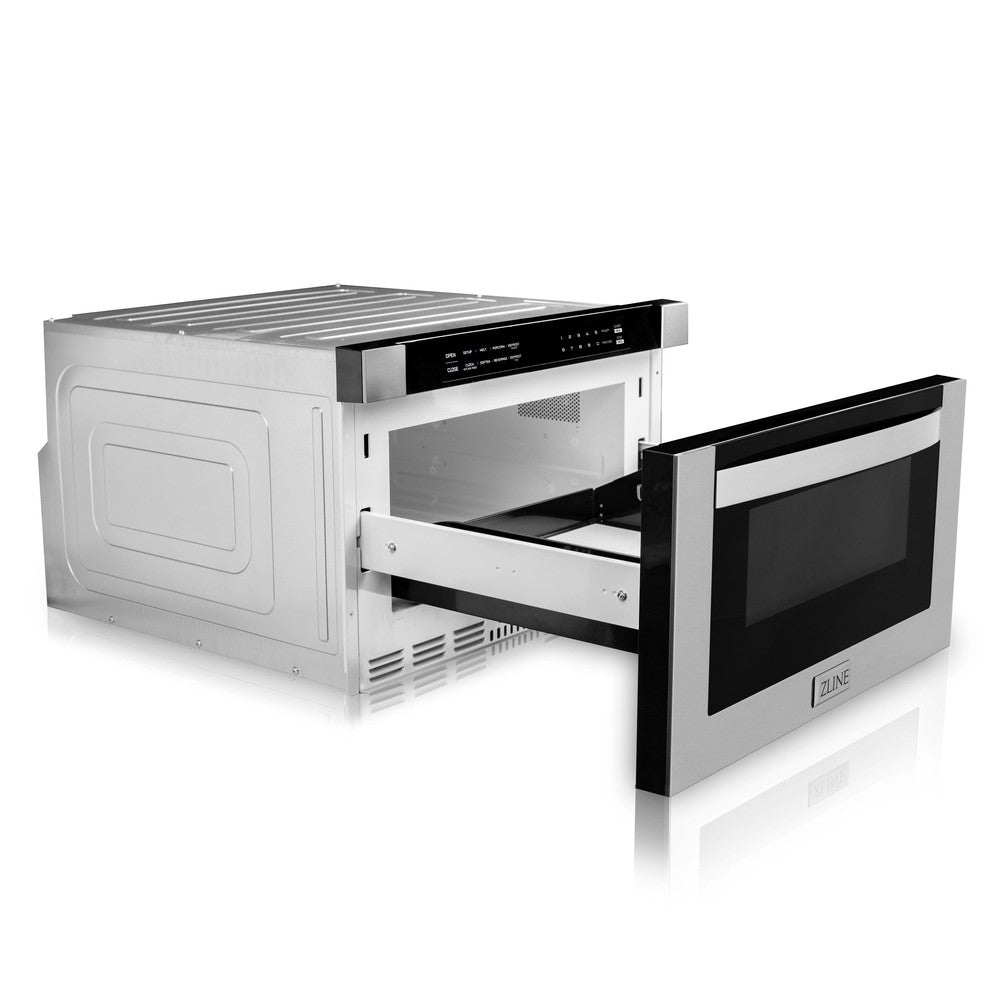 ZLINE 24 in. 1.2 cu. ft. Stainless Steel Built-in Microwave Drawer (MWD-1) side, drawer open.