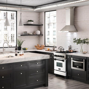 ZLINE Autograph Edition 24 in. 2.8 cu. ft. Legacy Dual Fuel Range with 4 Burner Gas Cooktop and Electric Convection Oven in Stainless Steel with White Matte Door and Matte Black Accents (RAZ-WM-24-MB) in a luxury kitchen.