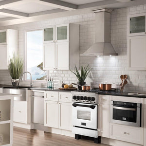 ZLINE Autograph Edition 24 in. 2.8 cu. ft. Legacy Dual Fuel Range with 4 Burner Gas Cooktop and Electric Convection Oven in Stainless Steel with White Matte Door and Matte Black Accents (RAZ-WM-24-MB) in a luxury kitchen.