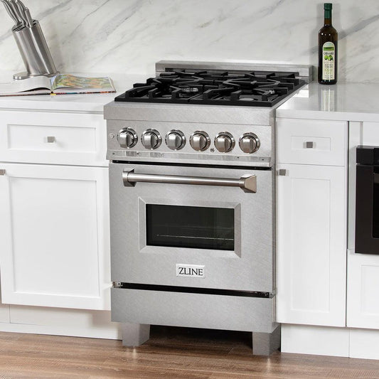 ZLINE 24 in. Professional Dual Fuel Range in Fingerprint Resistant Stainless Steel (RAS-SN-24) DuraSnow Stainless Steel Range in farmhouse style kitchen with white cabinetry