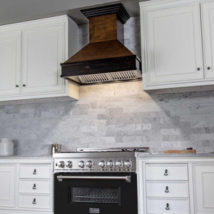 ZLINE 36 in. 4.6 cu. ft. Legacy Dual Fuel Range with 6 Burner Gas Cooktop and Electric Convection Oven in Stainless Steel and Black Matte Door (RA-BLM-36) in a luxury kitchen.