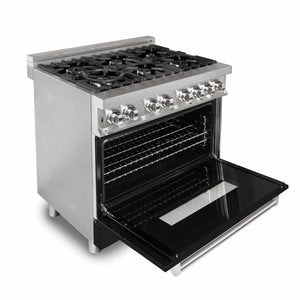 ZLINE 36 in. 4.6 cu. ft. Legacy Dual Fuel Range with 6 Burner Gas Cooktop and Electric Convection Oven in Stainless Steel and Black Matte Door (RA-BLM-36) side, oven open.