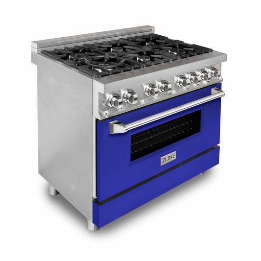 ZLINE 36 in. 4.6 cu. ft. Legacy Dual Fuel Range with 6 Burner Gas Cooktop and Electric Convection Oven in Stainless Steel and Blue Matte Door (RA-BM-36) side, oven closed.