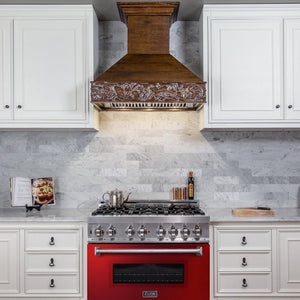 ZLINE 36 in. 4.6 cu. ft. Legacy Dual Fuel Range with 6 Burner Gas Cooktop and Electric Convection Oven in Stainless Steel and Red Gloss Door (RA-RG-36) in a luxury kitchen.