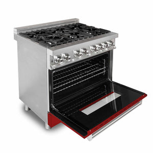 ZLINE 36 in. 4.6 cu. ft. Legacy Dual Fuel Range with 6 Burner Gas Cooktop and Electric Convection Oven in Stainless Steel and Red Gloss Door (RA-RG-36) side, oven open.