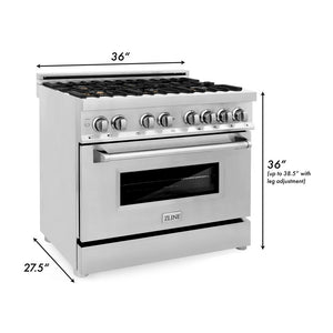 ZLINE 36 in. 4.6 cu. ft. Legacy Dual Fuel Range with Gas Cooktop and Electric Convection Oven in Stainless Steel with 6 Brass Burners (RA-BR-36) dimensional diagram.
