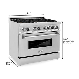 ZLINE 36 in. Dual Fuel Range with Gas Stove and Electric Oven in Stainless Steel with Brass Burners (RA-BR-36) dimensional diagram with measurements.