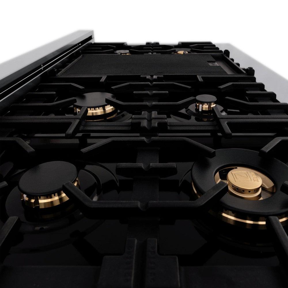 ZLINE brass burners, cast iron grates, and griddle on black porcelain cooktop.