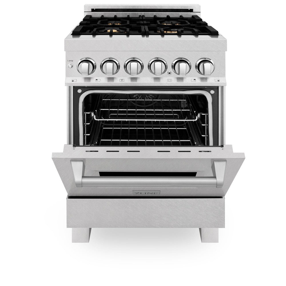 ZLINE 24 in. Professional Dual Fuel Range in Fingerprint Resistant Stainless Steel with Brass Burners (RAS-SN-BR-24) front, oven door half open.