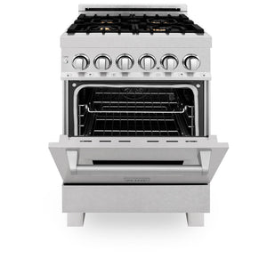 ZLINE 24 in. Professional Dual Fuel Range in Fingerprint Resistant Stainless Steel with Brass Burners (RAS-SN-BR-24) front, oven door half open.