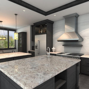 ZLINE Professional Convertible Vent Wall Mount Range Hood in Stainless Steel (587) rendering in a modern kitchen.