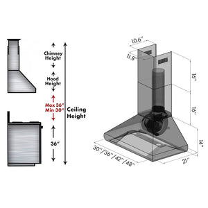 ZLINE Professional Convertible Vent Wall Mount Range Hood in Stainless Steel (587) chimney height guide and dimensional diagram.