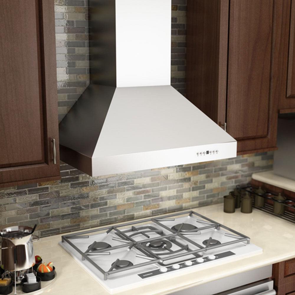 ZLINE Professional Convertible Vent Wall Mount Range Hood in Stainless Steel with Crown Molding (667CRN) above a gas cooktop.