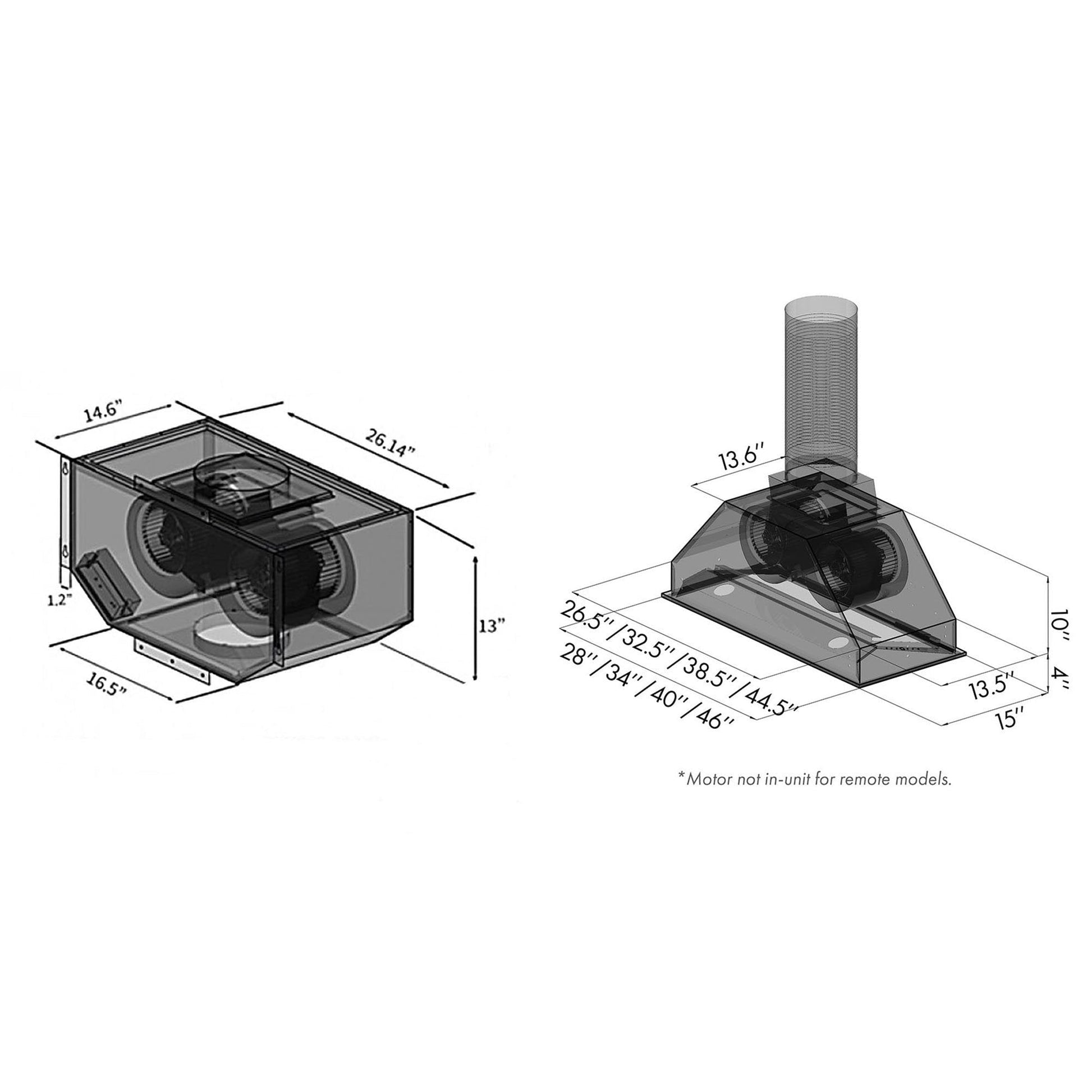 ZLINE Double Remote Blower Ducted 700 CFM Range Hood Insert in Stainless Steel (695-RD) dimensional diagram.