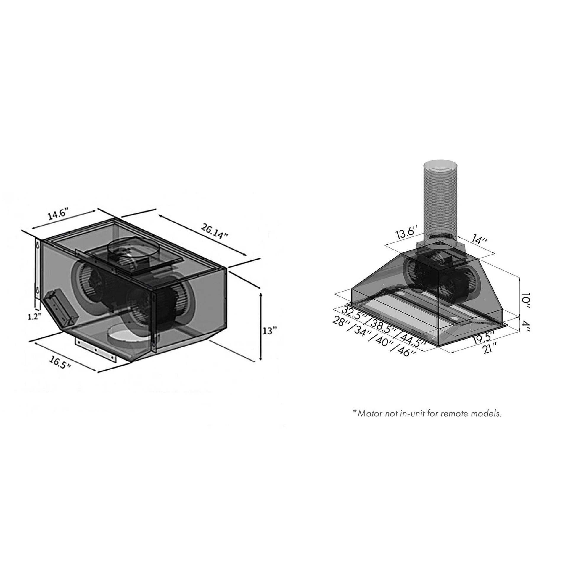 ZLINE Remote Blower 700 CFM Range Hood Insert In Stainless Steel (721-RD) dimensional diagram.