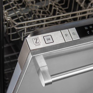 ZLINE 24 in. Top Control Dishwasher with Fingerprint Resistant Satin Stainless Steel Panel and Traditional Style Handle, 52dBa (DW-SN-H-24) close-up, top control panel.