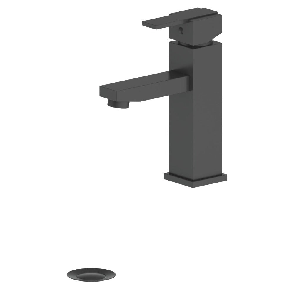 ZLINE Spooner Single Handle Bath Faucet in Matte Black (SPN-BF-MB) with matching drain.