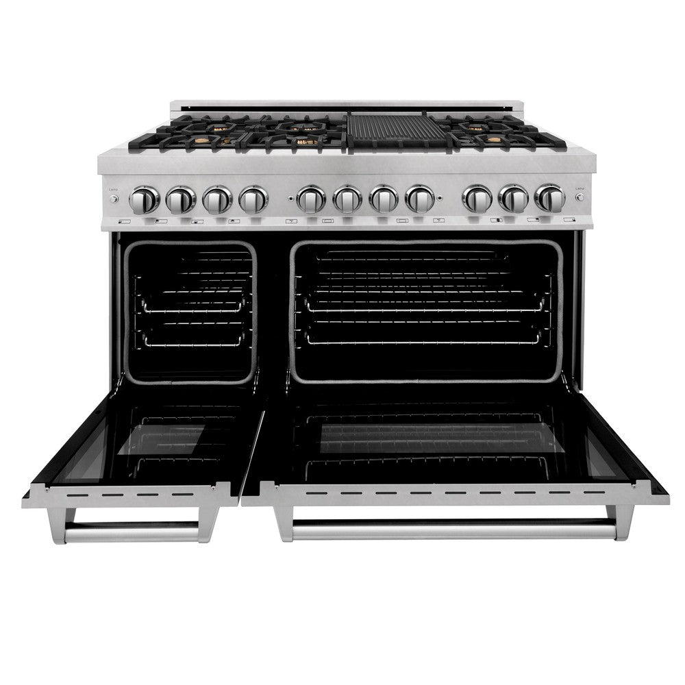 ZLINE 48 in. 6.0 cu. ft. Dual Fuel Range with Gas Stove and Electric Oven in Fingerprint Resistant Stainless Steel and Brass Burners (RAS-SN-BR-48) front, oven door open.