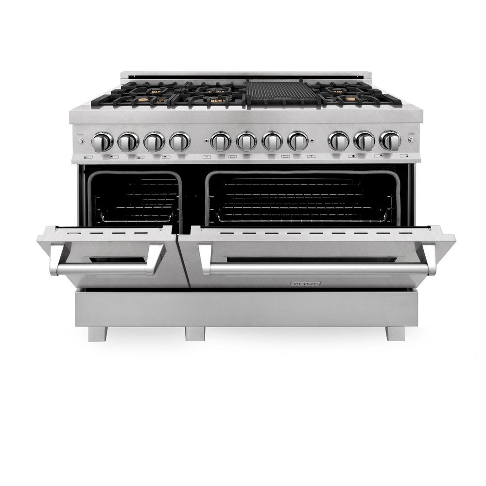 ZLINE 48 in. 6.0 cu. ft. Legacy Dual Fuel Range with Gas Cooktop and 2 Electric Ovens in DuraSnow® Stainless Steel with 6 Brass Burners (RAS-SN-BR-48) front, oven half open.