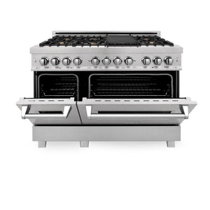 ZLINE 48 in. 6.0 cu. ft. Legacy Dual Fuel Range with Gas Cooktop and 2 Electric Ovens in DuraSnow® Stainless Steel with 6 Brass Burners (RAS-SN-BR-48) front, oven half open.