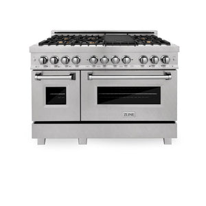 ZLINE 48 in. 6.0 cu. ft. Legacy Dual Fuel Range with Gas Cooktop and 2 Electric Ovens in DuraSnow® Stainless Steel with 6 Brass Burners (RAS-SN-BR-48) front, oven closed.