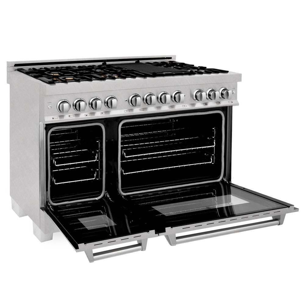 ZLINE 48 in. 6.0 cu. ft. Dual Fuel Range with Gas Stove and Electric Oven in Fingerprint Resistant Stainless Steel and Brass Burners (RAS-SN-BR-48) side, oven door open.