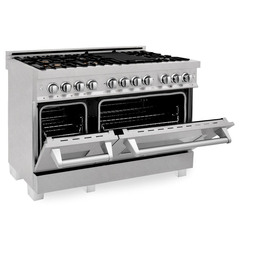 ZLINE 48 in. 6.0 cu. ft. Legacy Dual Fuel Range with Gas Cooktop and 2 Electric Ovens in DuraSnow® Stainless Steel with 6 Brass Burners (RAS-SN-BR-48) side, oven half open.