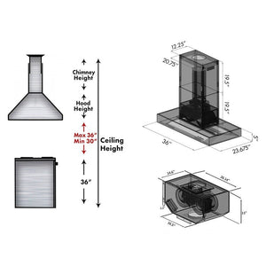 ZLINE Ducted Professional Island Mount Range Hood in Stainless Steel (KECOMi) chimney height guide and dimensional measurements for hood and remote blower.