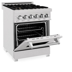 ZLINE 24 in. Professional Dual Fuel Range in Fingerprint Resistant Stainless Steel with Brass Burners (RAS-SN-BR-24) side, oven door half open.