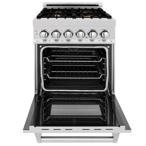 ZLINE 24 in. 2.8 cu. ft. Legacy Dual Fuel Range with Gas Cooktop and Electric Convection Oven in DuraSnow® Stainless Steel with 4 Brass Burners (RAS-SN-BR-24) front, oven open.