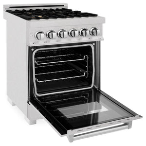 ZLINE 24 in. Professional Dual Fuel Range in Fingerprint Resistant Stainless Steel with Brass Burners (RAS-SN-BR-24) side, oven door open.