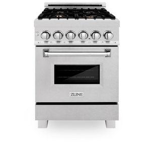 ZLINE 24 in. 2.8 cu. ft. Legacy Dual Fuel Range with Gas Cooktop and Electric Convection Oven in DuraSnow® Stainless Steel with 4 Brass Burners (RAS-SN-BR-24) front, oven closed.