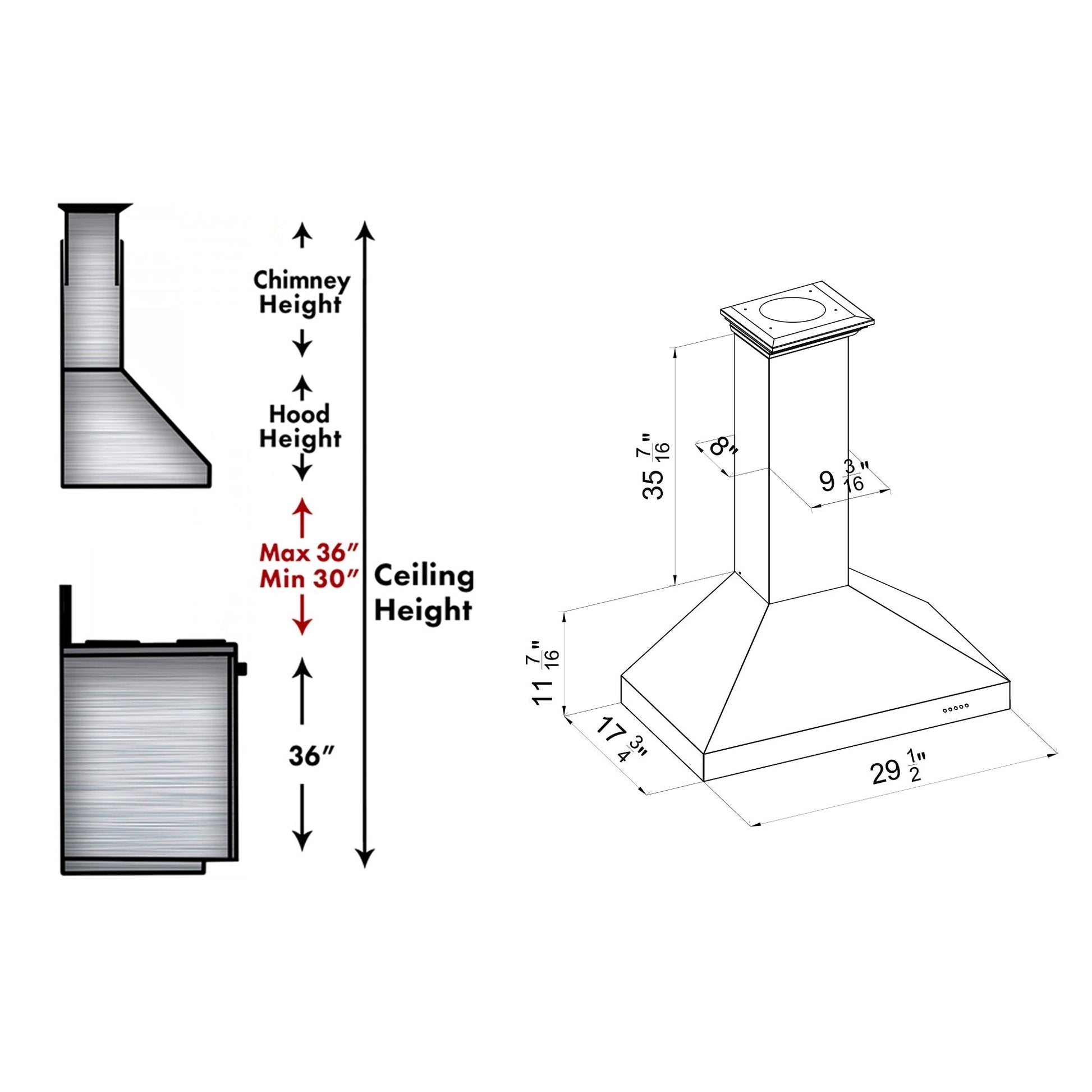 ZLINE Wall Mount Range Hood in Fingerprint Resistant Stainless Steel (8KL3S) chimney height guide and dimensional diagram.