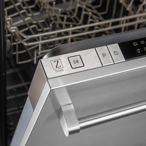 ZLINE 18 in. Compact Top Control Dishwasher with Stainless Steel Panel and Traditional Handle, 52dBa (DW-304-H-18) front, door open with top touch control panel.