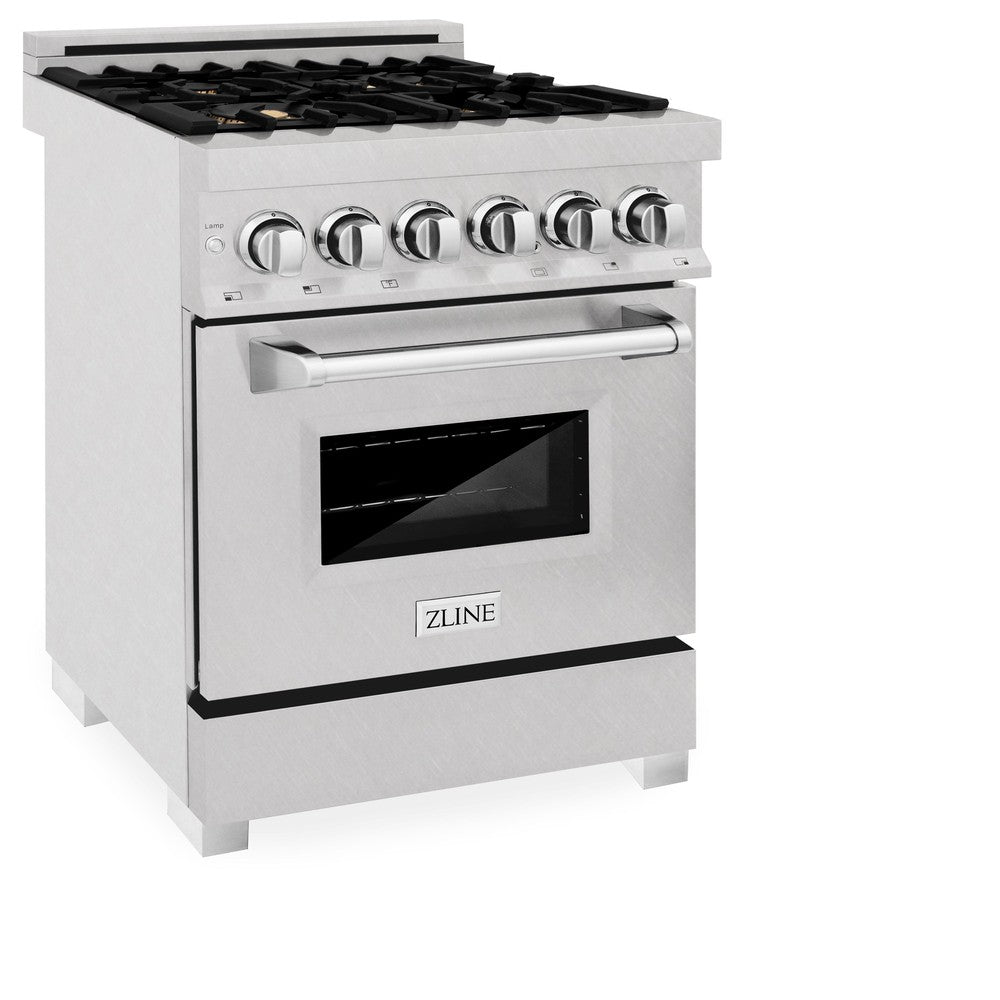 ZLINE 24 in. 2.8 cu. ft. Legacy Dual Fuel Range with Gas Cooktop and Electric Convection Oven in DuraSnow® Stainless Steel with 4 Brass Burners (RAS-SN-BR-24) side, oven closed.