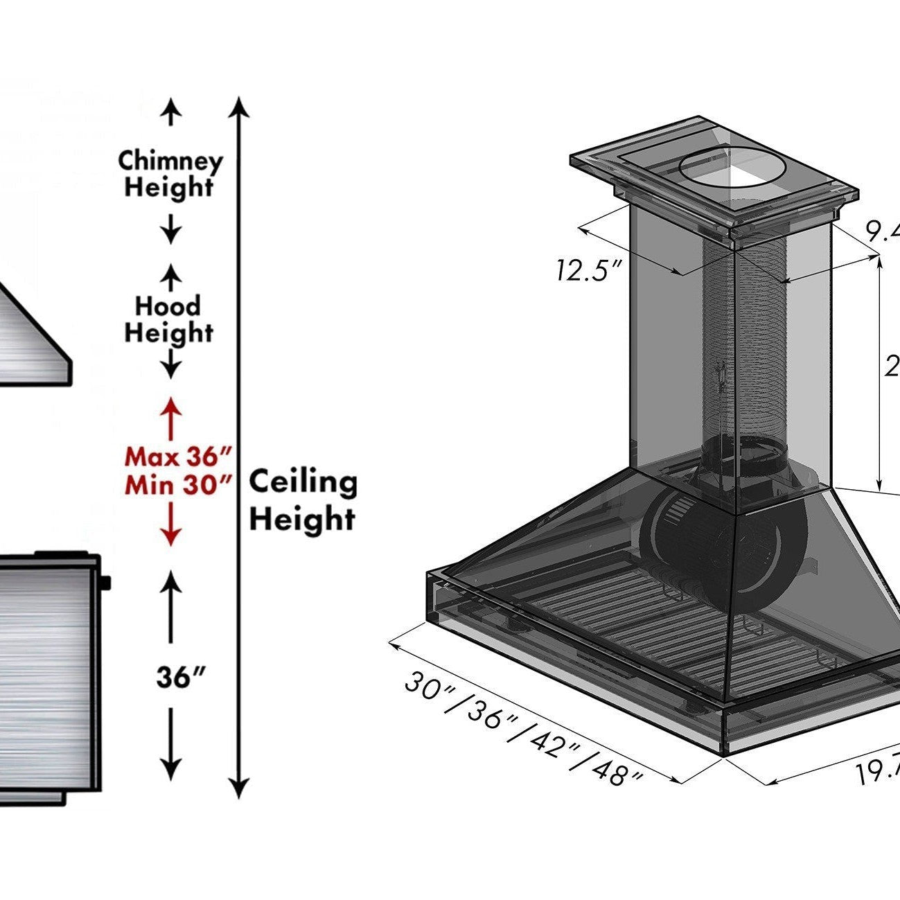 ZLINE Ducted Unfinished Wooden Wall Mount Range Hood (KBUF) Dimensions and Chimney Height Guide