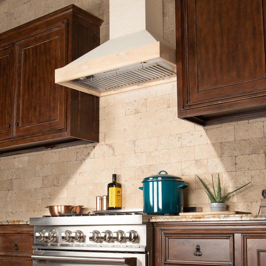 ZLINE Ducted Unfinished Wooden Wall Mount Range Hood (KBUF) in Rustic Kitchen above ZLINE Range