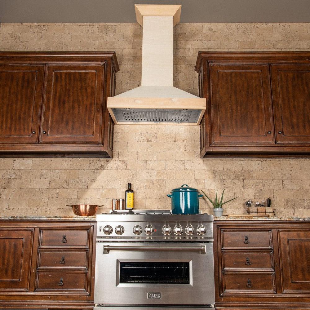 ZLINE Ducted Unfinished Wooden Wall Mount Range Hood (KBUF) in Rustic Kitchen Above ZLINE Range with Brown Wood Cabinetry