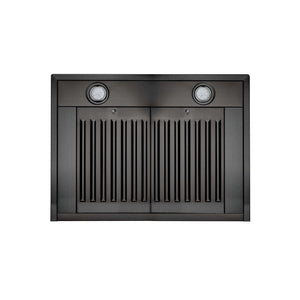 ZLINE BSKBN black stainless steel wall mount range hood under view of baffle filters and LED lighting.