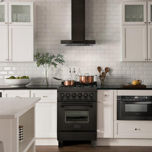 ZLINE Convertible Vent Wall Mount Range Hood in Black Stainless Steel (BSKEN) in a compact cottage-style kitchen.