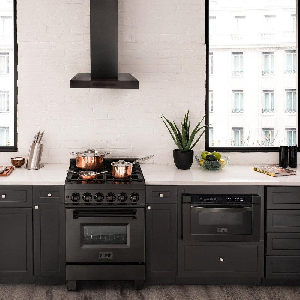 ZLINE Convertible Vent Wall Mount Range Hood in Black Stainless Steel (BSKEN) in a compact luxury apartment kitchen.