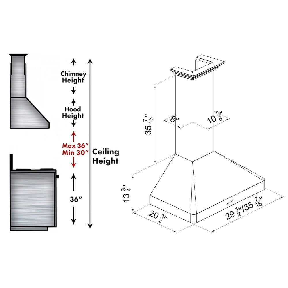 ZLINE Wall Mount Range Hood in Fingerprint Resistant Stainless Steel (8KF2S) dimensional diagram and chimney height guide.