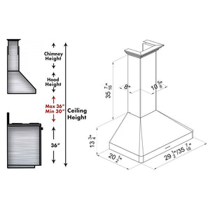 ZLINE Wall Mount Range Hood in Fingerprint Resistant Stainless Steel (8KF2S) dimensional diagram and chimney height guide.