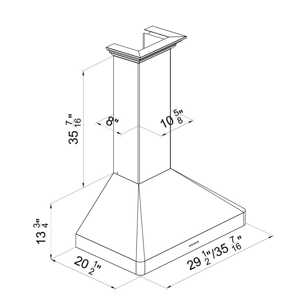 ZLINE Wall Mount Range Hood in Fingerprint Resistant Stainless Steel (8KF2S) dimensional diagram.