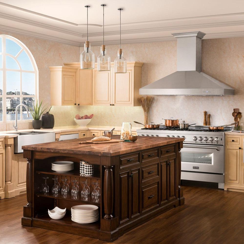 ZLINE Professional Ducted Wall Mount Range Hood in a farmhouse kitchen with wood cabinets.