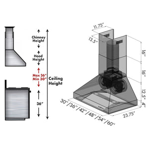 ZLINE Professional Ducted Wall Mount Range Hood dimensional diagram. 