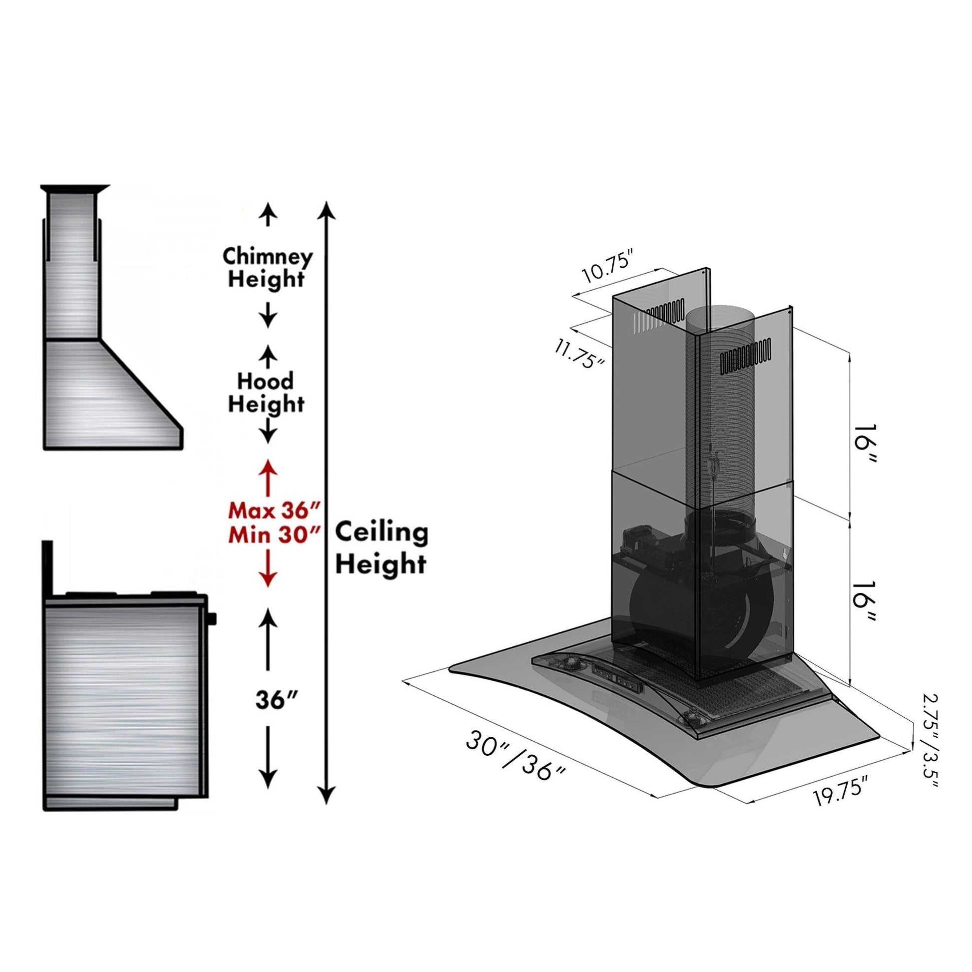 ZLINE Convertible Vent Wall Mount Range Hood in Stainless Steel & Glass with Crown Molding (KZCRN) chimney height guide and dimensions.