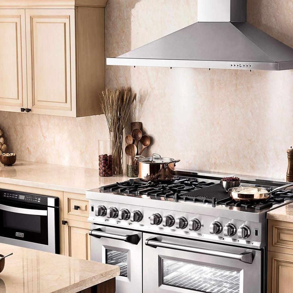 ZLINE Convertible Vent Wall Mount Range Hood in Stainless Steel (KB) in a farmhouse-style kitchen